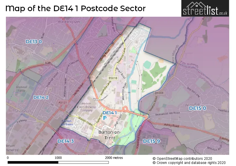 Map of the DE14 1 and surrounding postcode sector