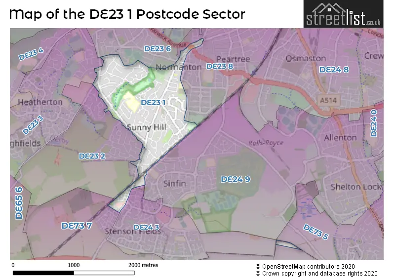 Map of the DE23 1 and surrounding postcode sector