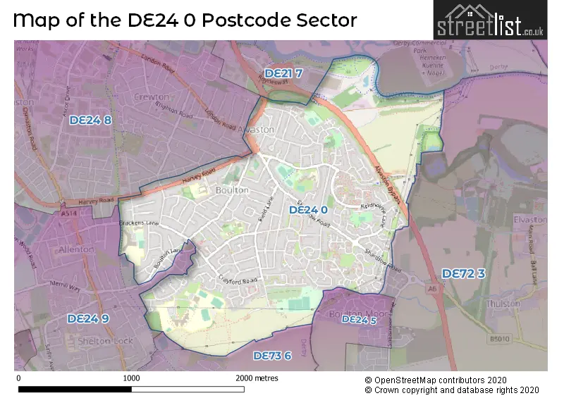 Map of the DE24 0 and surrounding postcode sector