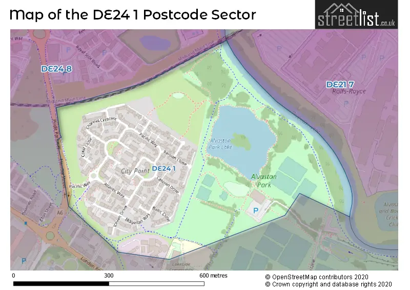 Map of the DE24 1 and surrounding postcode sector