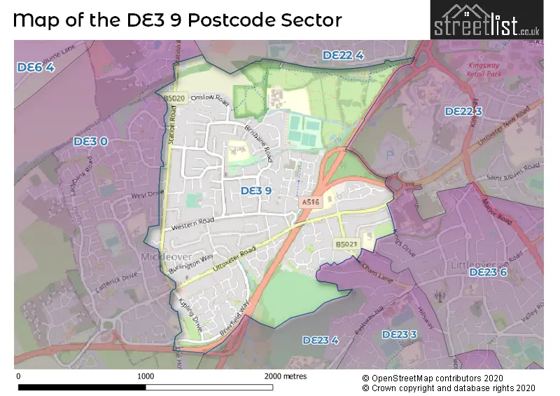 Map of the DE3 9 and surrounding postcode sector