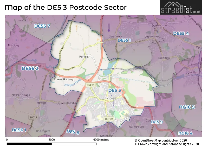 Map of the DE5 3 and surrounding postcode sector