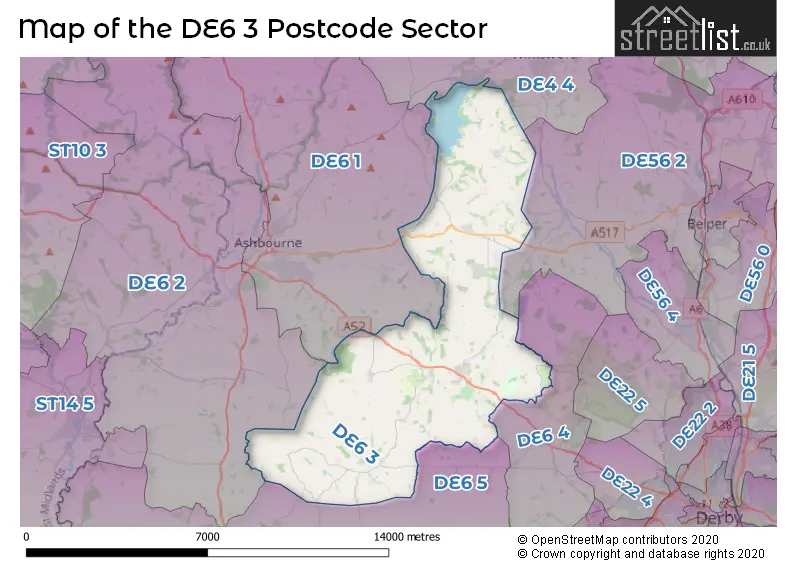 Map of the DE6 3 and surrounding postcode sector