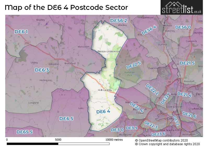 Map of the DE6 4 and surrounding postcode sector