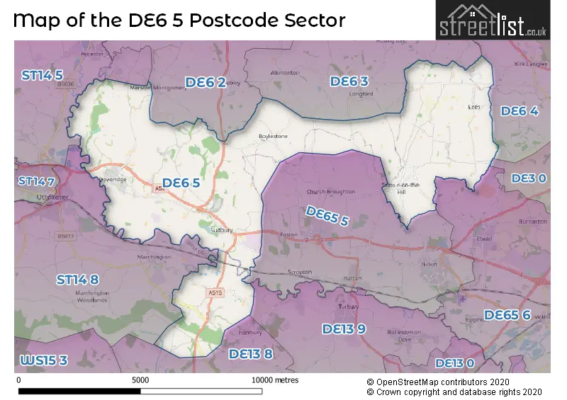 Map of the DE6 5 and surrounding postcode sector