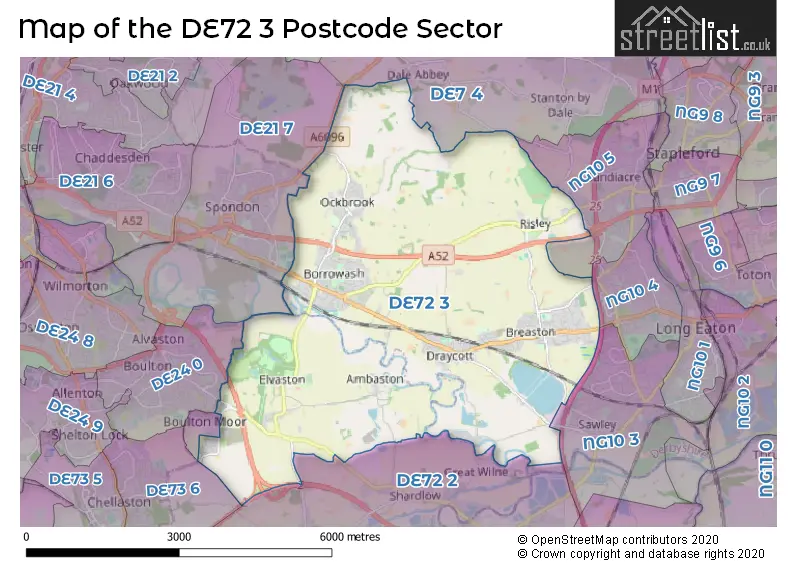 Map of the DE72 3 and surrounding postcode sector