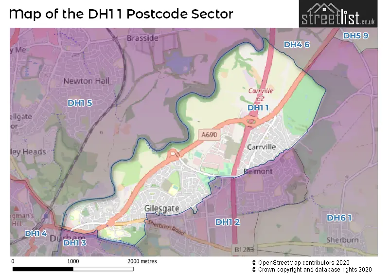 Map of the DH1 1 and surrounding postcode sector