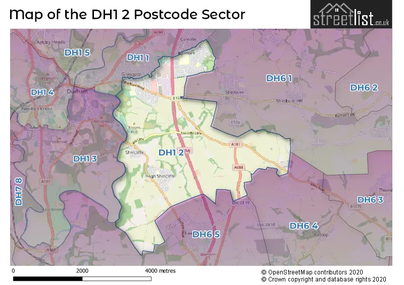Map of the DH1 2 and surrounding postcode sector