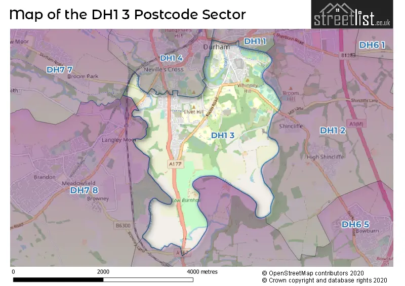 Map of the DH1 3 and surrounding postcode sector