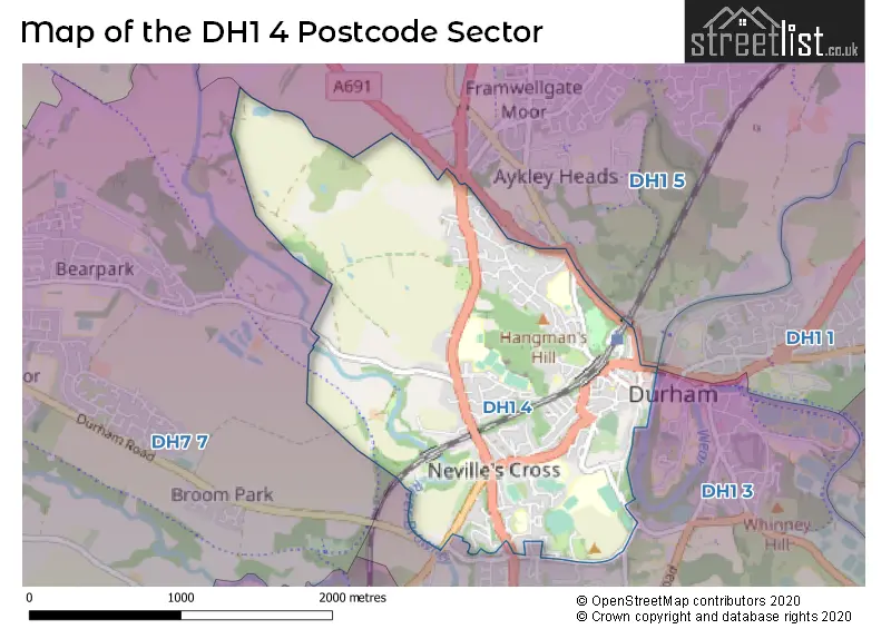 Map of the DH1 4 and surrounding postcode sector