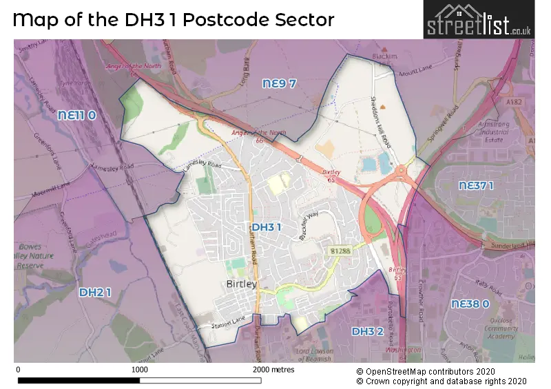 Map of the DH3 1 and surrounding postcode sector