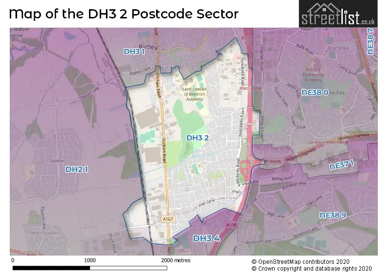 Map of the DH3 2 and surrounding postcode sector