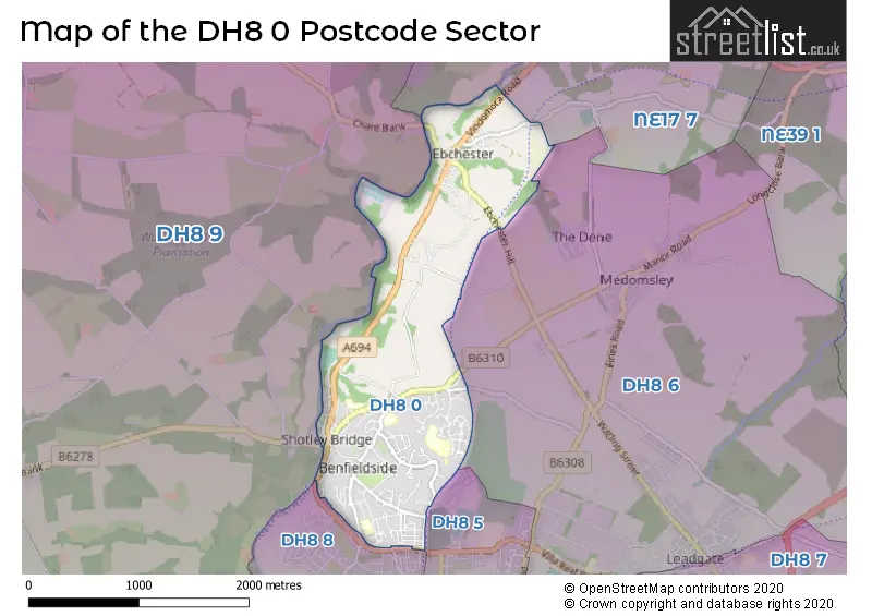 Map of the DH8 0 and surrounding postcode sector