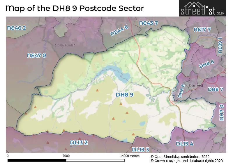 Map of the DH8 9 and surrounding postcode sector