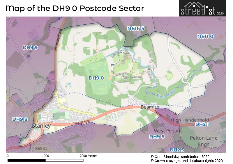 Map of the DH9 0 and surrounding postcode sector