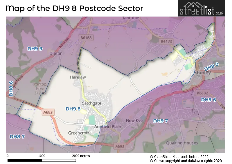 Map of the DH9 8 and surrounding postcode sector