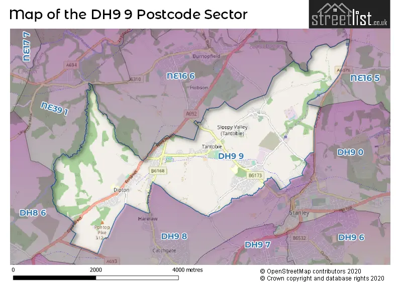 Map of the DH9 9 and surrounding postcode sector