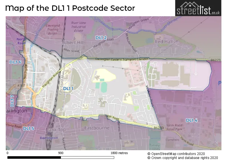 Map of the DL1 1 and surrounding postcode sector