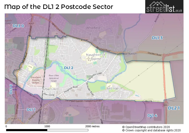 Map of the DL1 2 and surrounding postcode sector