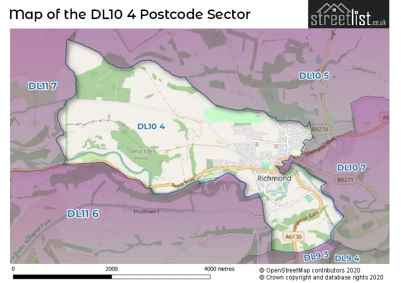 Map of the DL10 4 and surrounding postcode sector