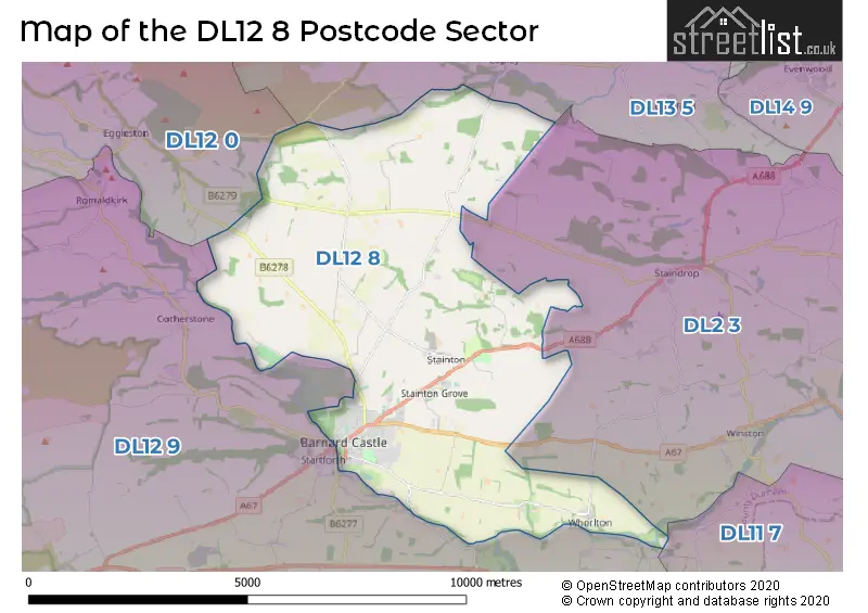 Map of the DL12 8 and surrounding postcode sector