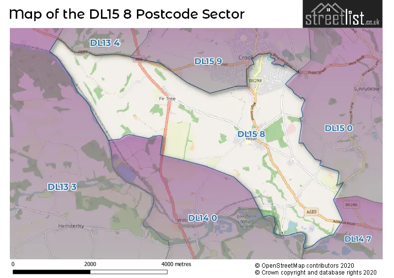 Map of the DL15 8 and surrounding postcode sector