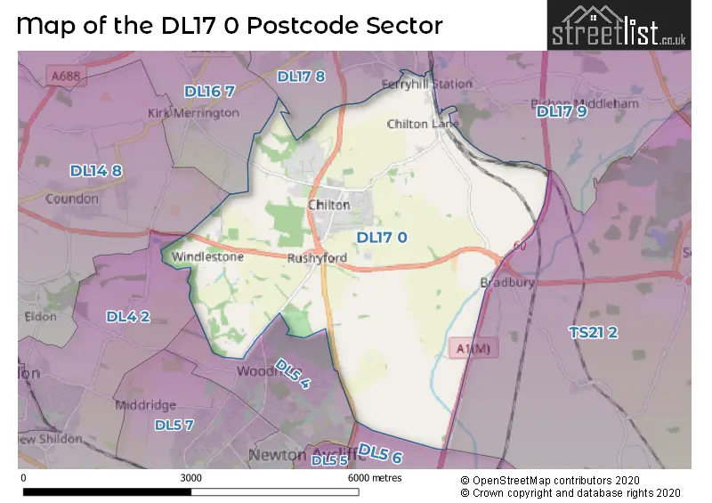 Map of the DL17 0 and surrounding postcode sector