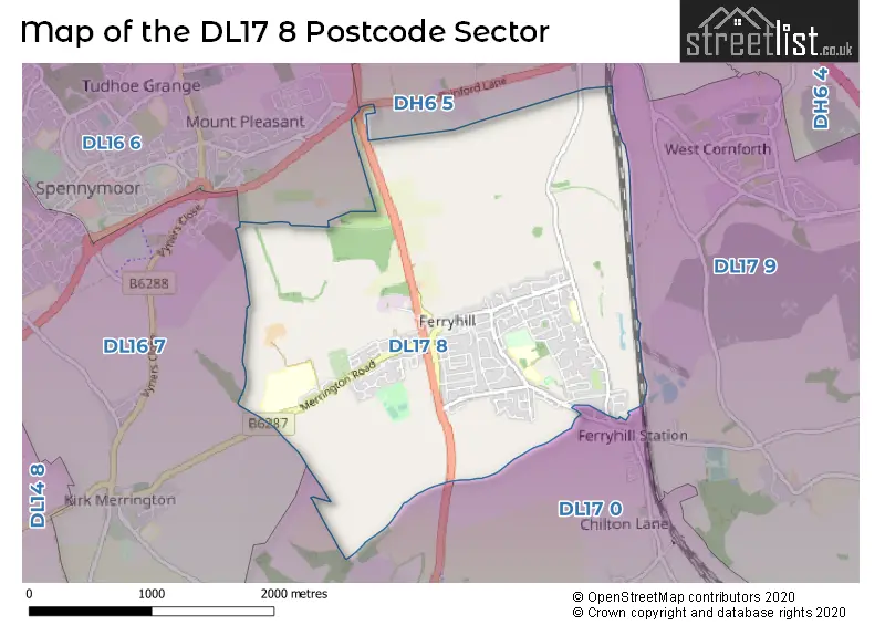 Map of the DL17 8 and surrounding postcode sector