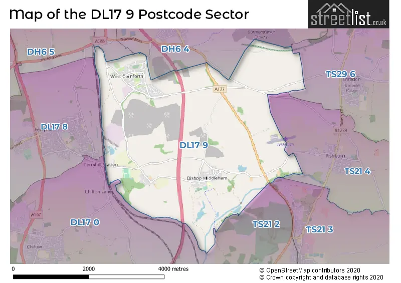 Map of the DL17 9 and surrounding postcode sector