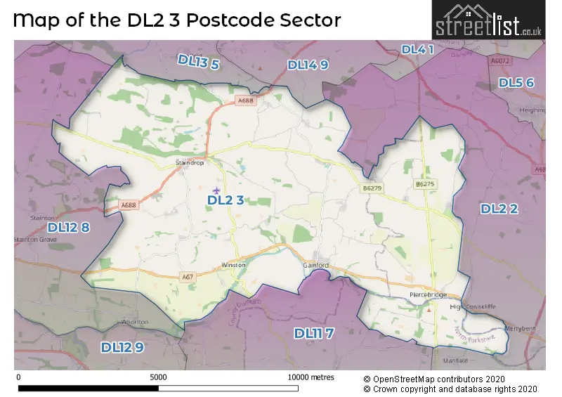 Map of the DL2 3 and surrounding postcode sector