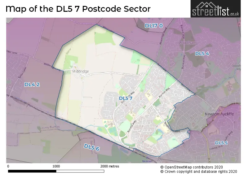 Map of the DL5 7 and surrounding postcode sector