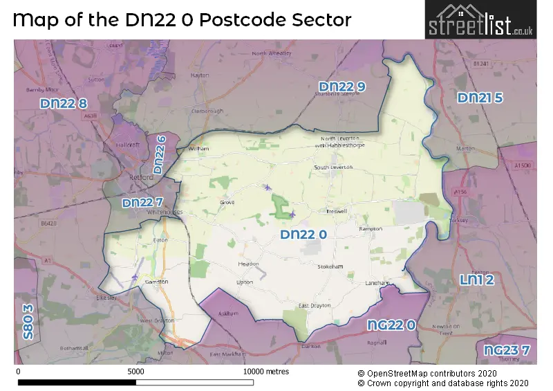 Map of the DN22 0 and surrounding postcode sector