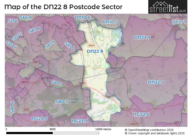 Map of the DN22 8 and surrounding postcode sector