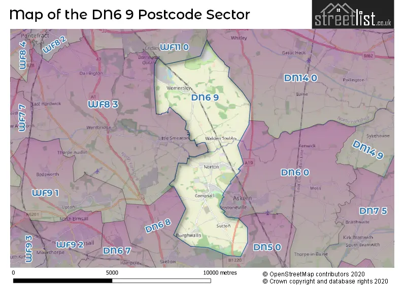 Map of the DN6 9 and surrounding postcode sector