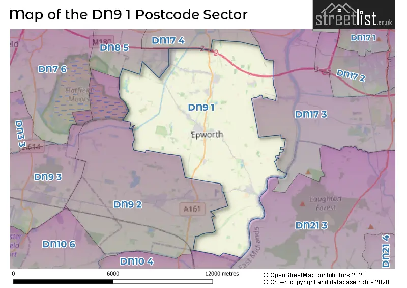 Map of the DN9 1 and surrounding postcode sector