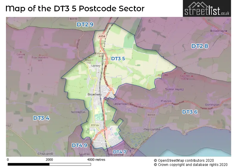 Map of the DT3 5 and surrounding postcode sector