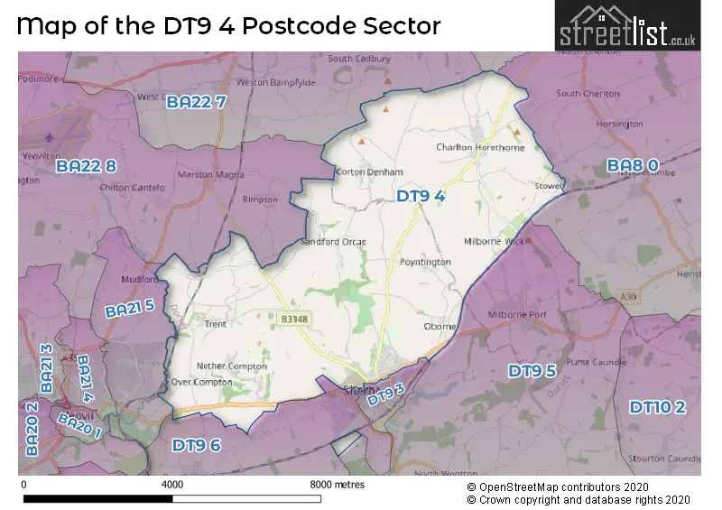 Map of the DT9 4 and surrounding postcode sector