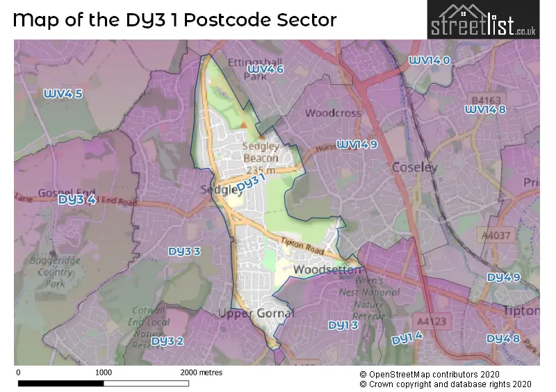 Map of the DY3 1 and surrounding postcode sector