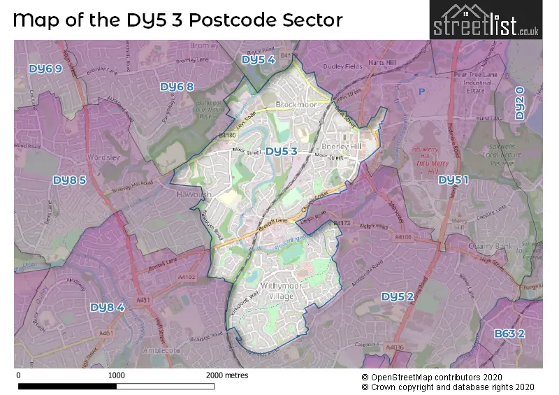 Map of the DY5 3 and surrounding postcode sector