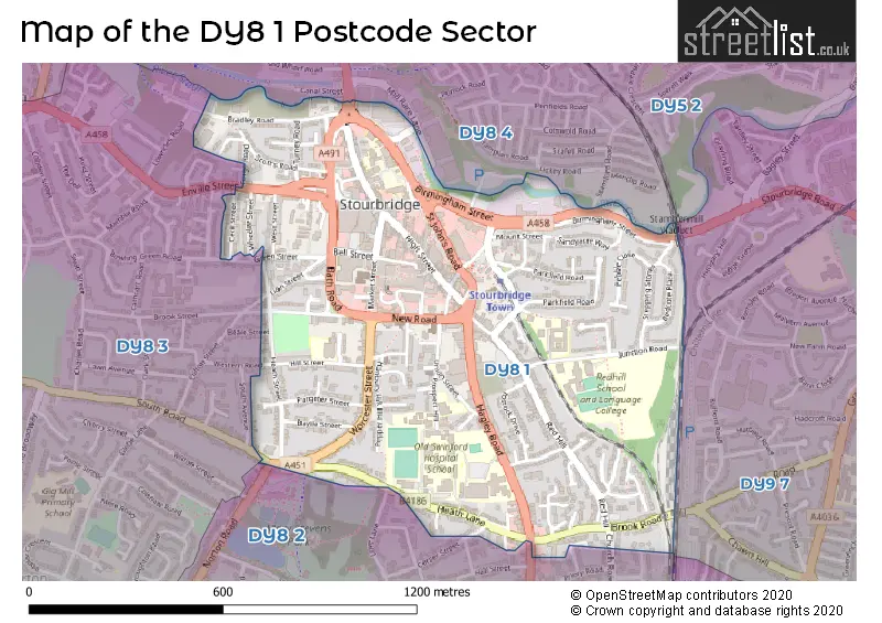 Map of the DY8 1 and surrounding postcode sector