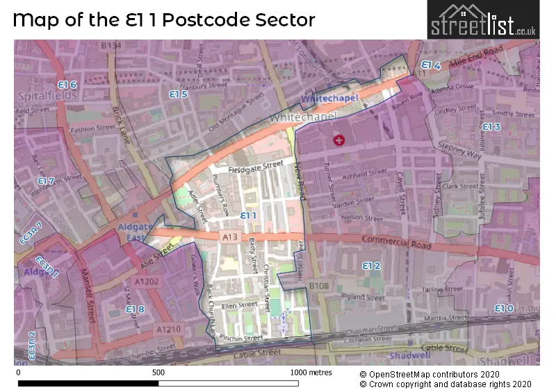 Map of the E1 1 and surrounding postcode sector