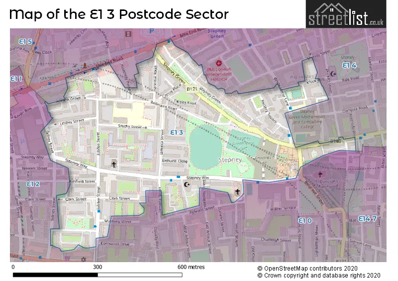 Map of the E1 3 and surrounding postcode sector