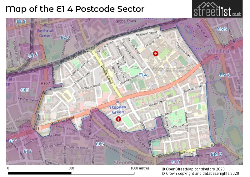 Map of the E1 4 and surrounding postcode sector