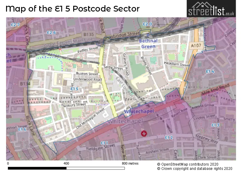 Map of the E1 5 and surrounding postcode sector