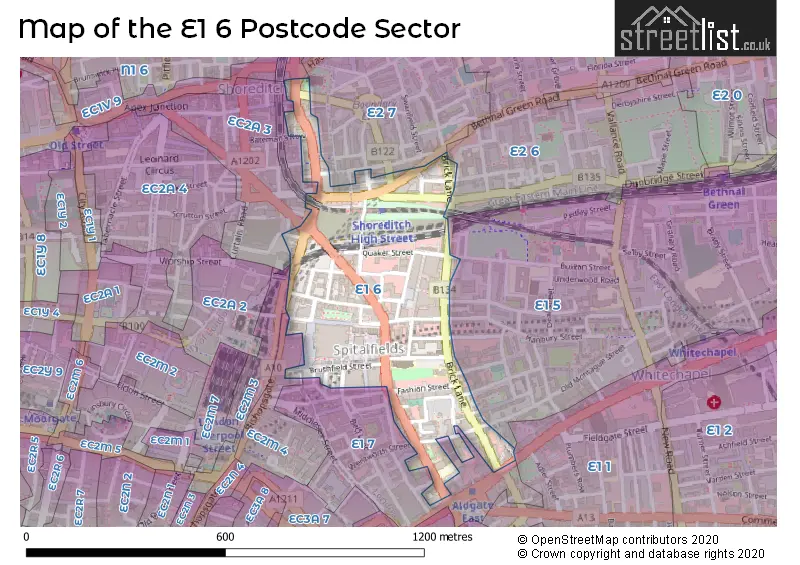 Map of the E1 6 and surrounding postcode sector