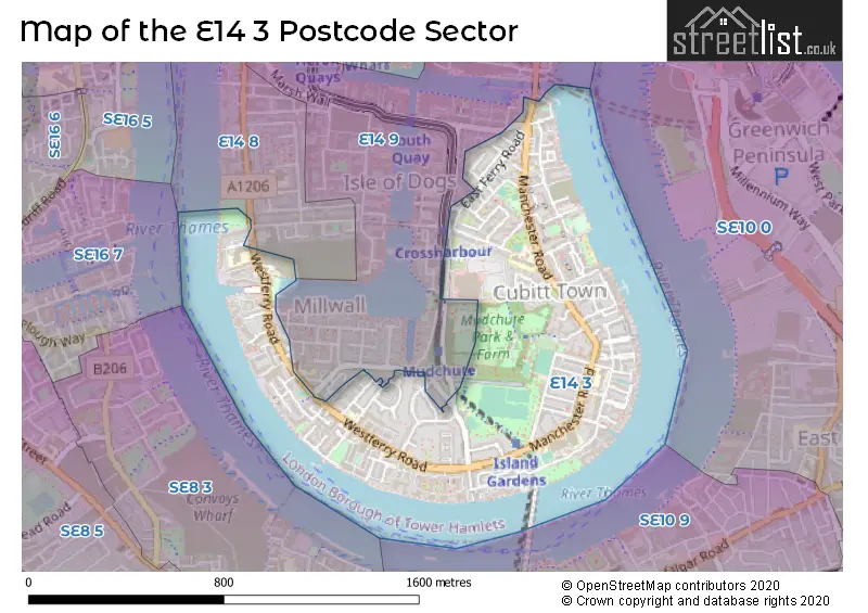 Map of the E14 3 and surrounding postcode sector