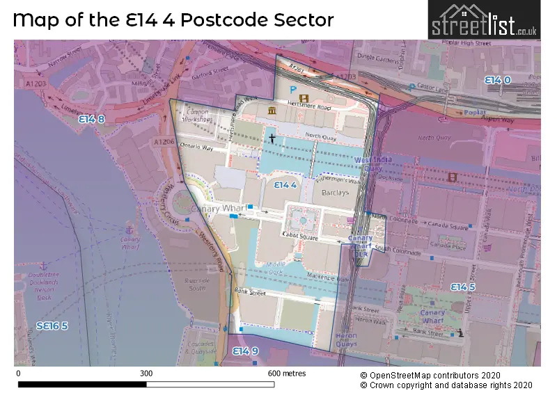 Map of the E14 4 and surrounding postcode sector
