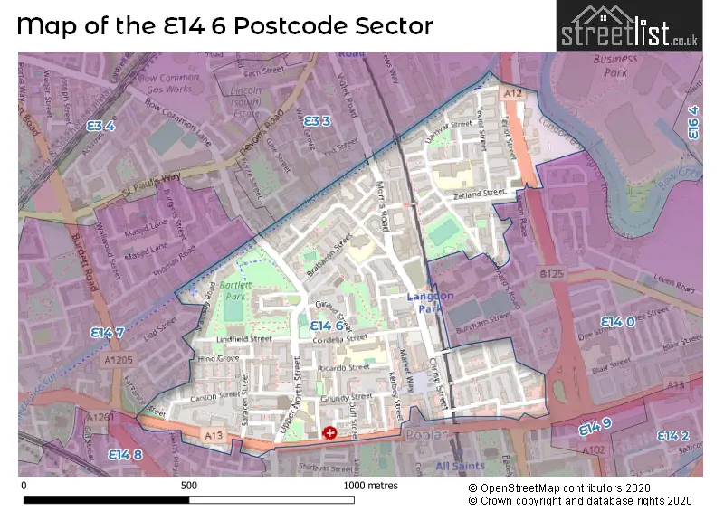 Map of the E14 6 and surrounding postcode sector