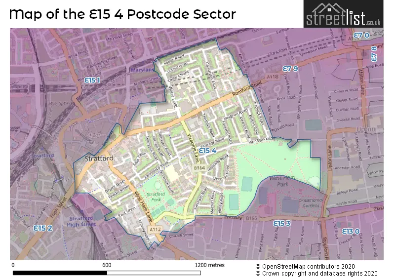 Map of the E15 4 and surrounding postcode sector