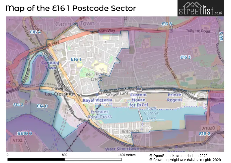 Map of the E16 1 and surrounding postcode sector